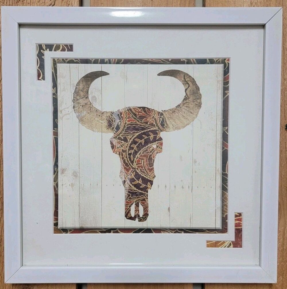 Vintage Western Longhorn Texas Framed Picture Print 13"x13"